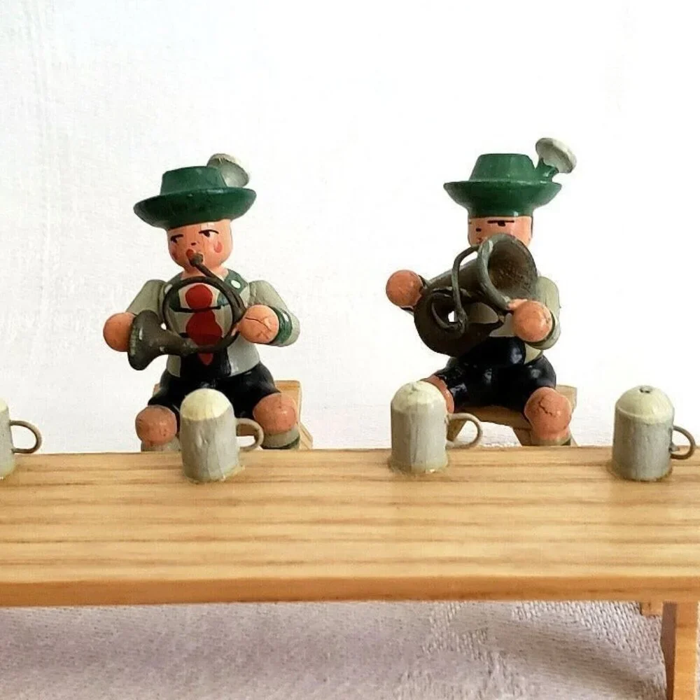 Octoberfest Hand Carved Figurines Set of 6 w/Miniature Table and Beers